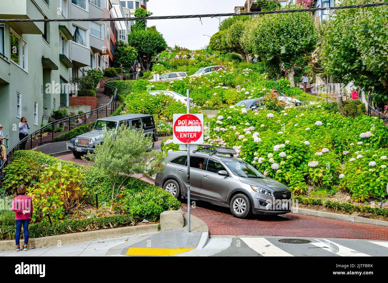 Cars winding down Lombard Street in San Francisco, California in summer