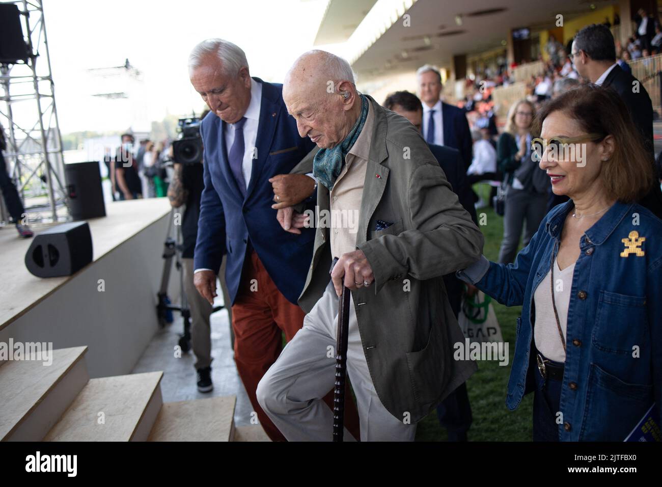 French Sociologist and Philosopher Edgar Morin and Former Prime Minister Jean-Pierre Raffarin arrives to attend the French employers association Medef summer conference La REF 2022 at the Hippodrome de Longchamp racetrack in Paris on August 30, 2022. Photo by Raphael Lafargue/ABACAPRESS.COM Stock Photo