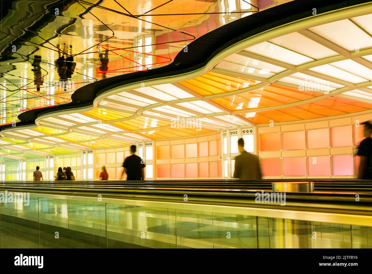 United States, Illinois, Chicago, Airport corridor illuminated at night