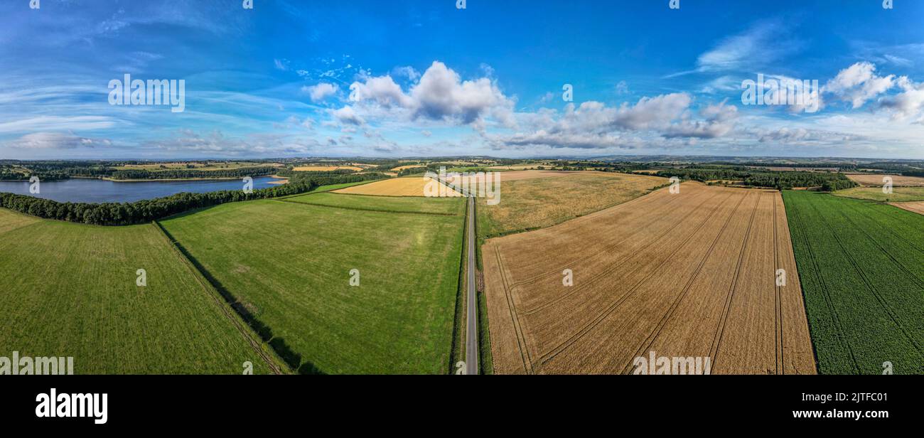 Panoramic Aerial view of Eccup Reservoir and farmland Stock Photo