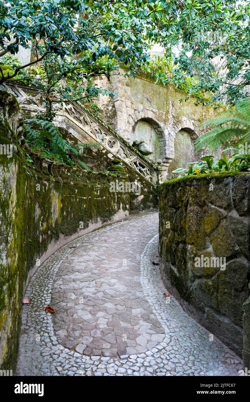 Sintra, Portugal, Europe. Jan 2022. Quinta da Regaleira grounds. The architecture evokes Roman, Gothic, Renaissance, and Manueline styles. Founded in Stock Photo