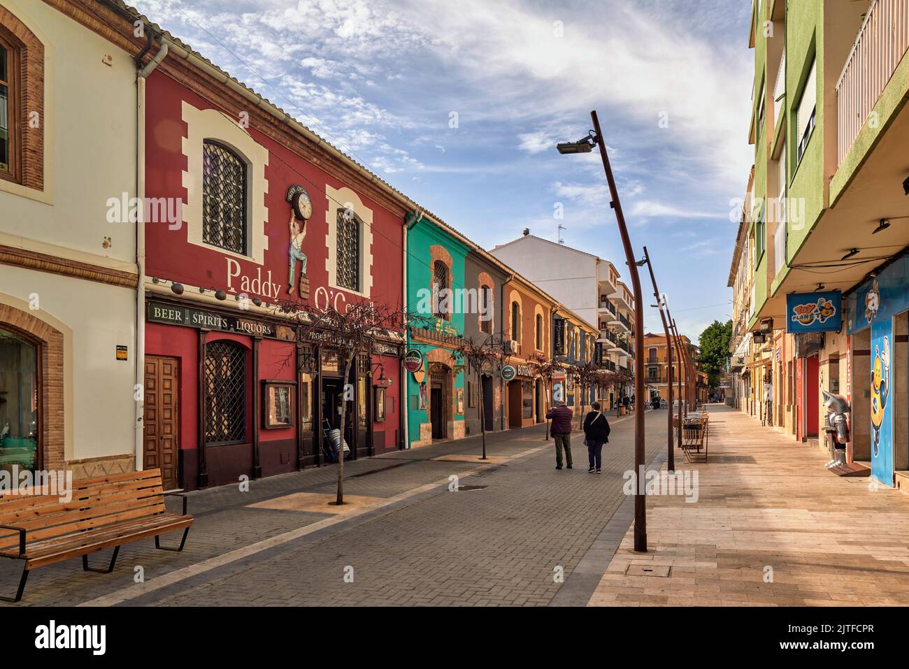 Typical street of the Sea with the facades of shops of colors in Denia, Alicante, Valencian Community, Spain, Europe Stock Photo