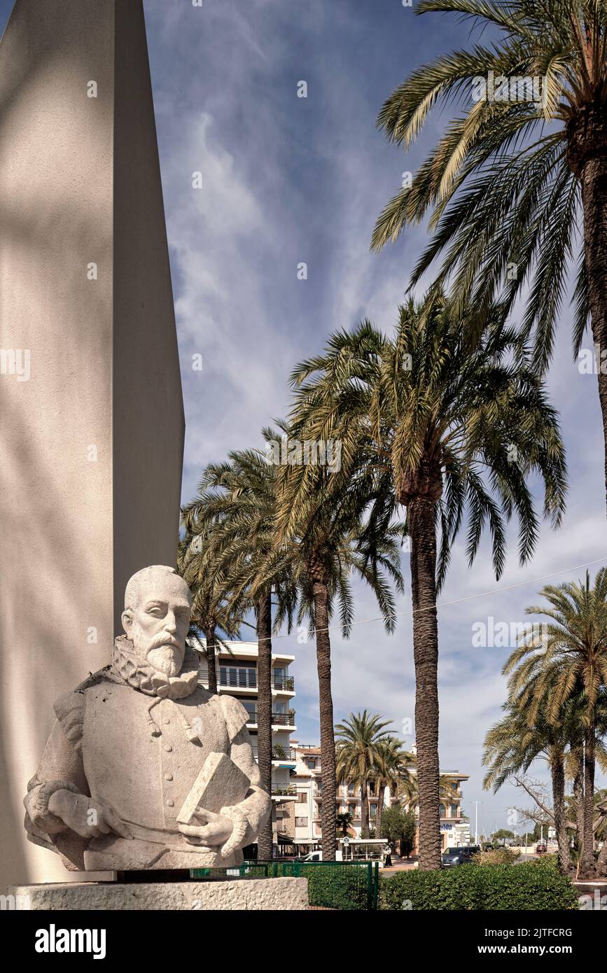 bust in homage to Miguel de Cervantes Saavedra in Denia, Alicante, Valencian Community, Spain, Europe Stock Photo