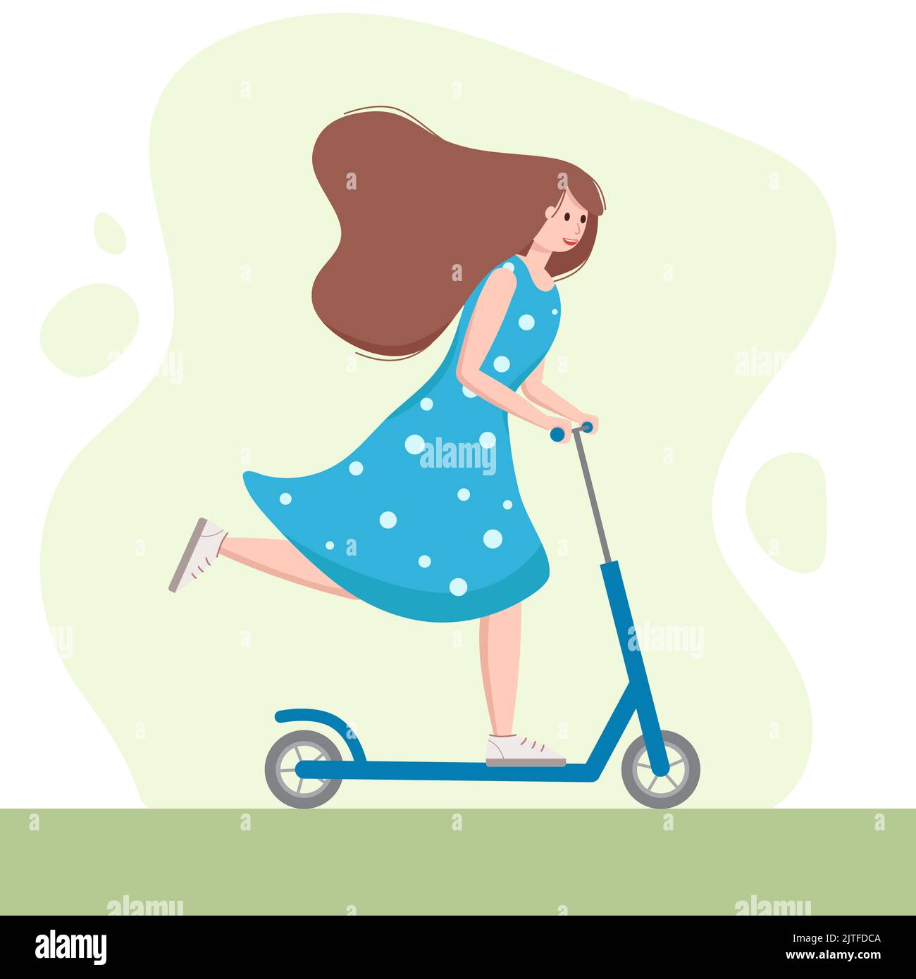 Young woman with beautiful brown hair riding kick scooter. Nice girl in blue dress. Sports outdoor activity, active vacation. Personal electric and Stock Vector