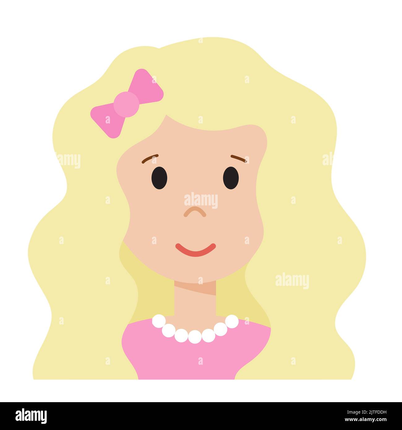 Funny cartoon woman face, cute avatar or portrait. Girl with beautiful fair hair and bow. Young character for web in flat style. Print for sticker Stock Vector