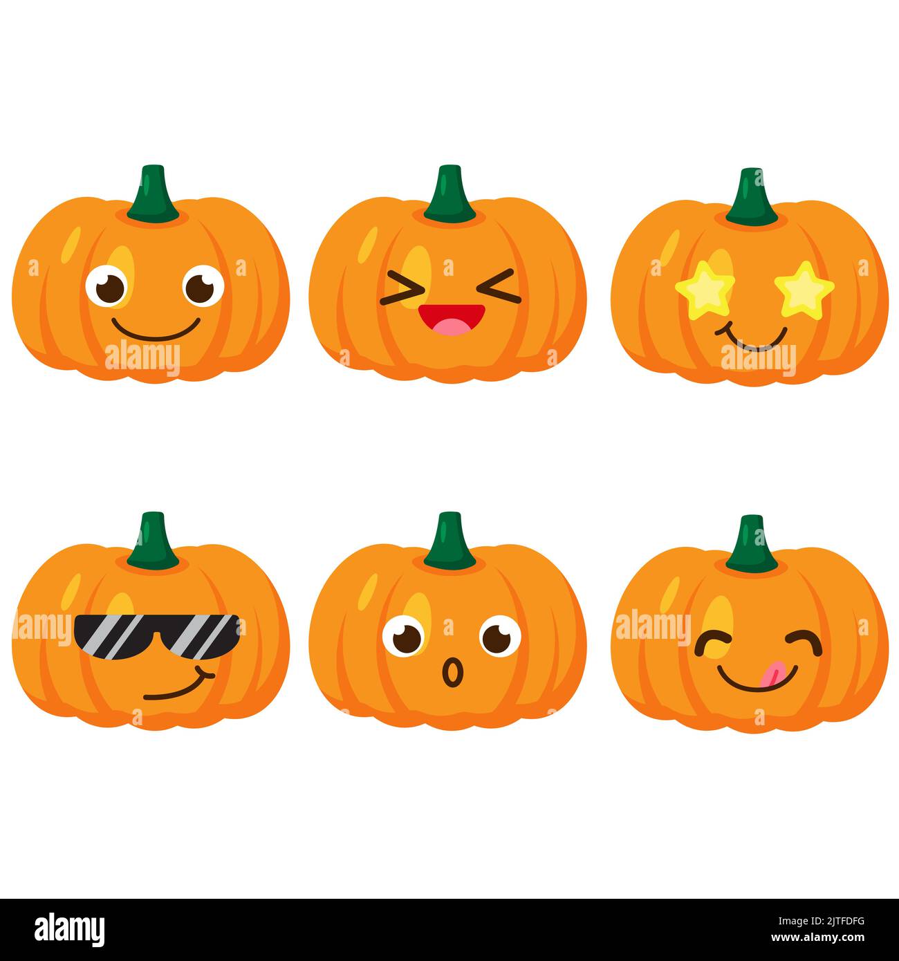 Set of pumpkin emojis. Kawaii style icons, vegetable characters. Vector illustration in cartoon flat style. Set of funny smiles or emoticons. Good Stock Vector