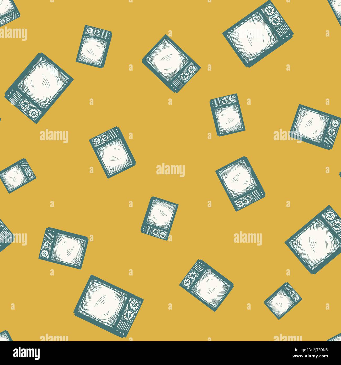 Retro TV engraved seamless pattern. Vintage television media in hand drawn style. Sketch texture for fabric, wallpaper, textile, print, title, wrappin Stock Vector