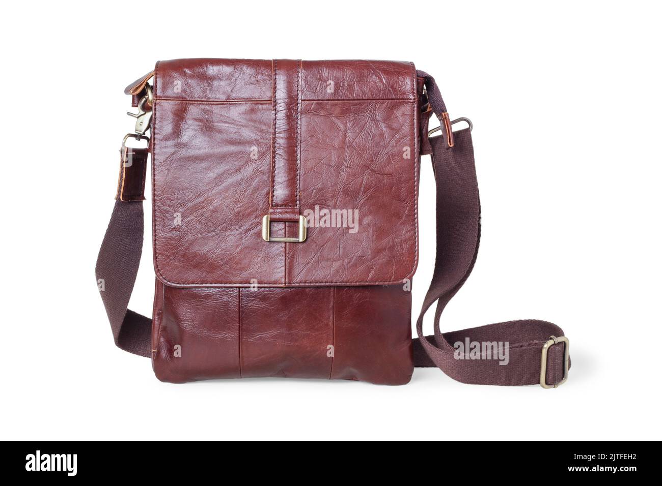 Men's brown leather bag with belt isolated on white Stock Photo
