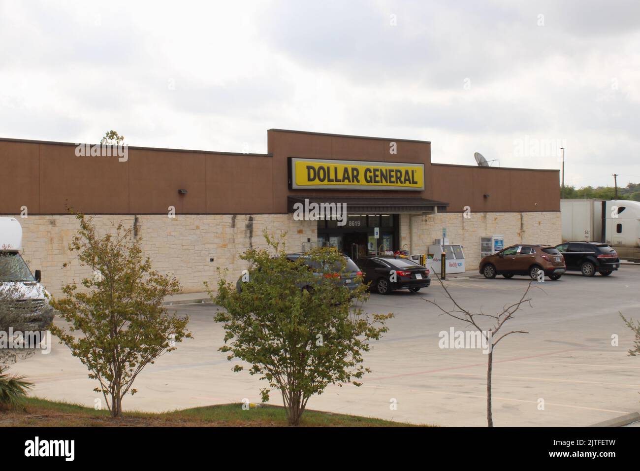 The front view of a Dollar General store in San Antonio, Texas, USA, on