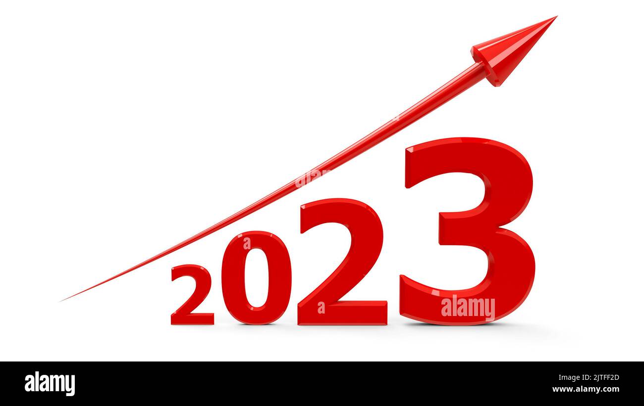 Red arrow up represents the growth in 2023 year, three-dimensional rendering, 3D illustration Stock Photo