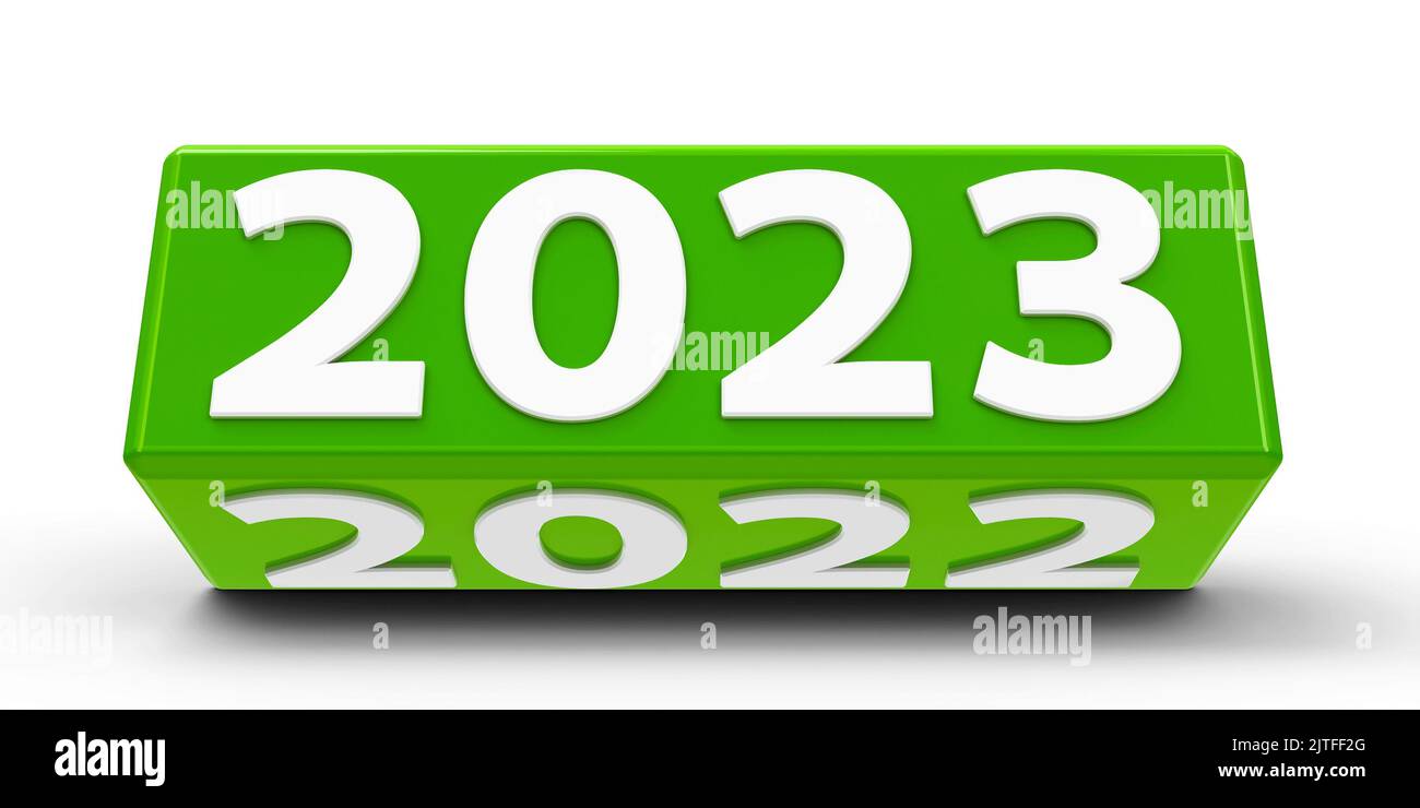 Green cube (cuboid) with 2023-2022 change on a white table represents the new 2023, three-dimensional rendering, 3D illustration Stock Photo