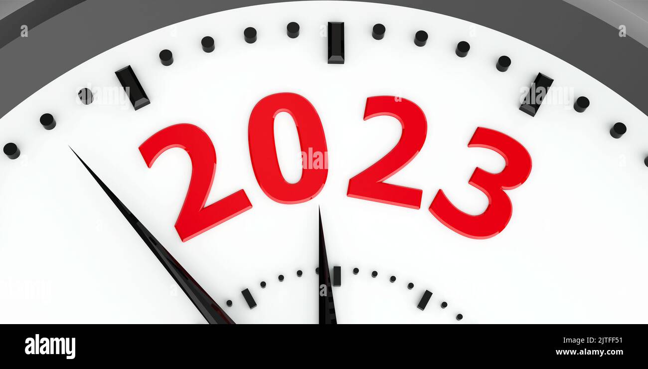 Black clock with 2023 represents coming new year 2023, three-dimensional rendering, 3D illustration Stock Photo