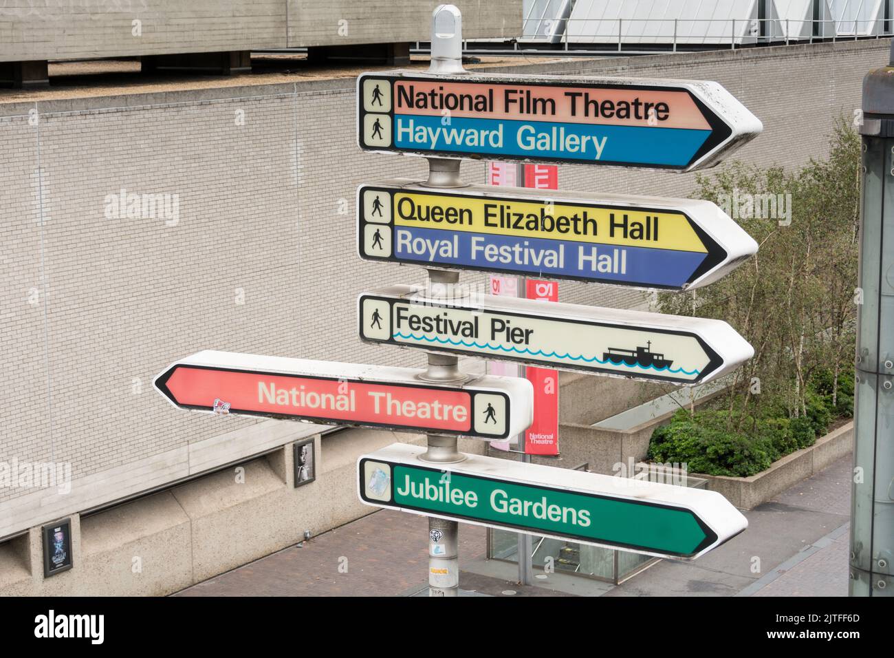 Colourful retro directional signage next to the National Theatre on London's South Bank, Belvedere Road, London, SE1, England, UK Stock Photo
