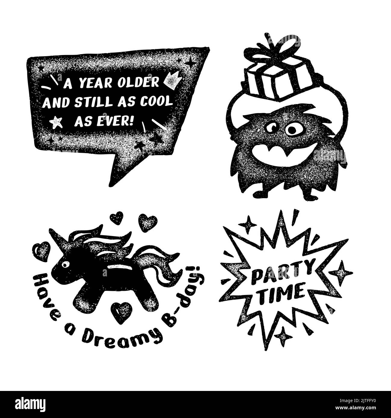 Black and white birthday stickers Vector illustration Stock Vector