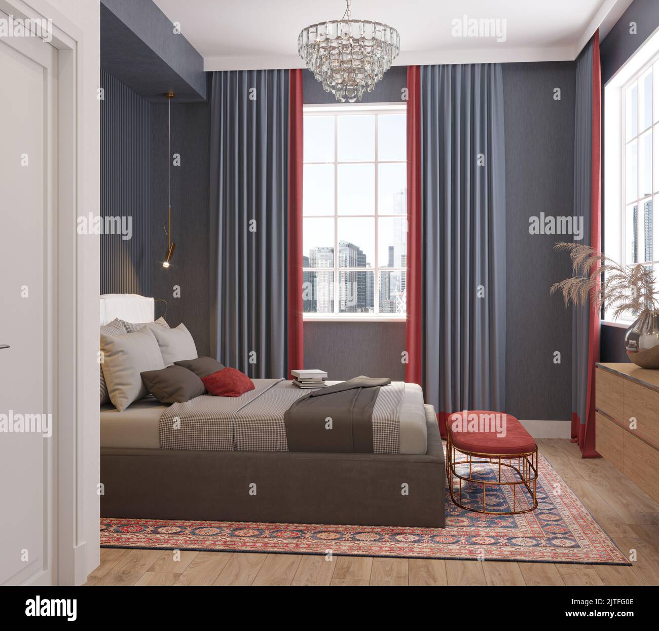 Bedroom with window, classic, with double bed, bedside table, paintings