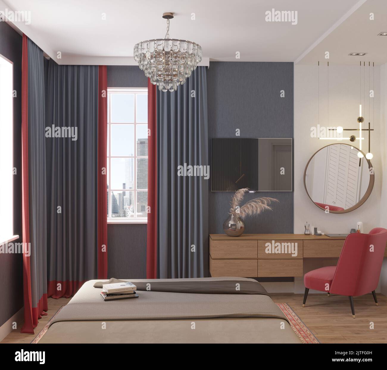 Bedroom with window, classic, with double bed, bedside table, paintings