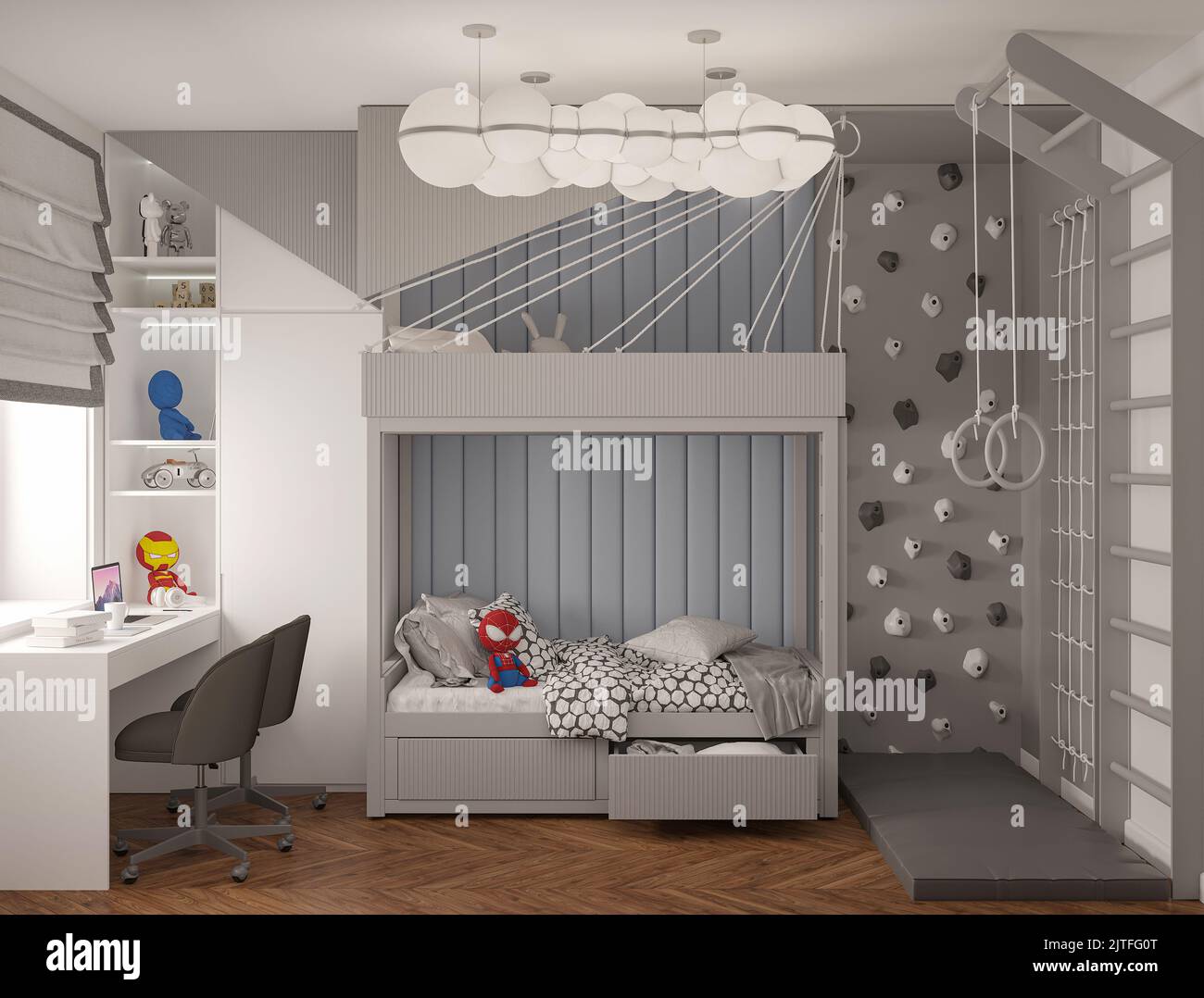 children's room with a bunk bed, work area, sports area, stairs. 3d