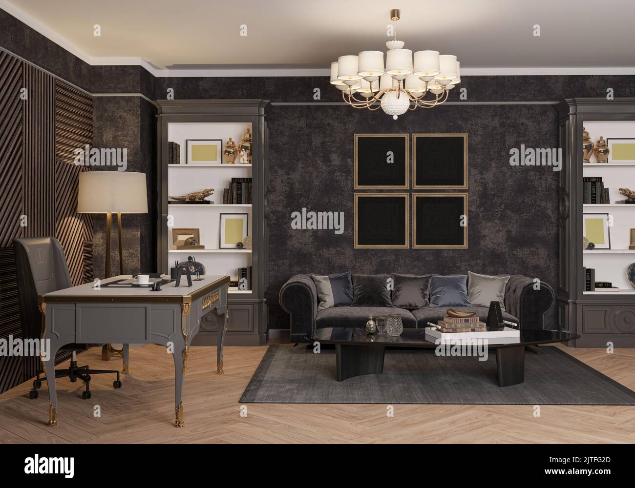 stylish dark office with classic furniture, black wallpapers, sofa and coffee table, writing desk with gold, chandelier with shades. 3d render of room Stock Photo