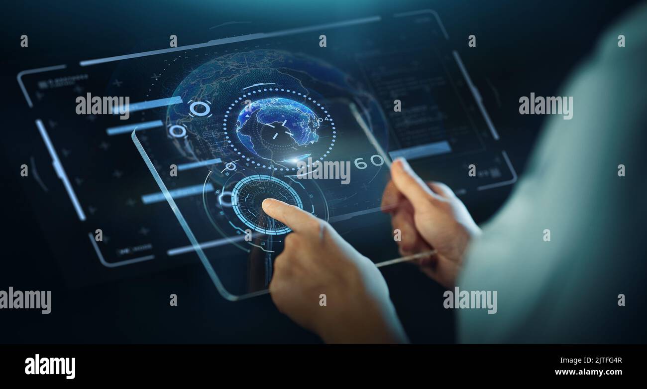 hands with transparent tablet pc and hologram Stock Photo - Alamy