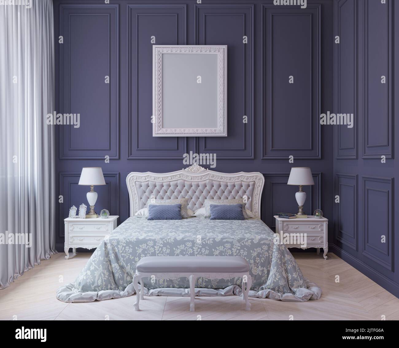 Bedroom with window, classic, with double bed, bedside table, paintings