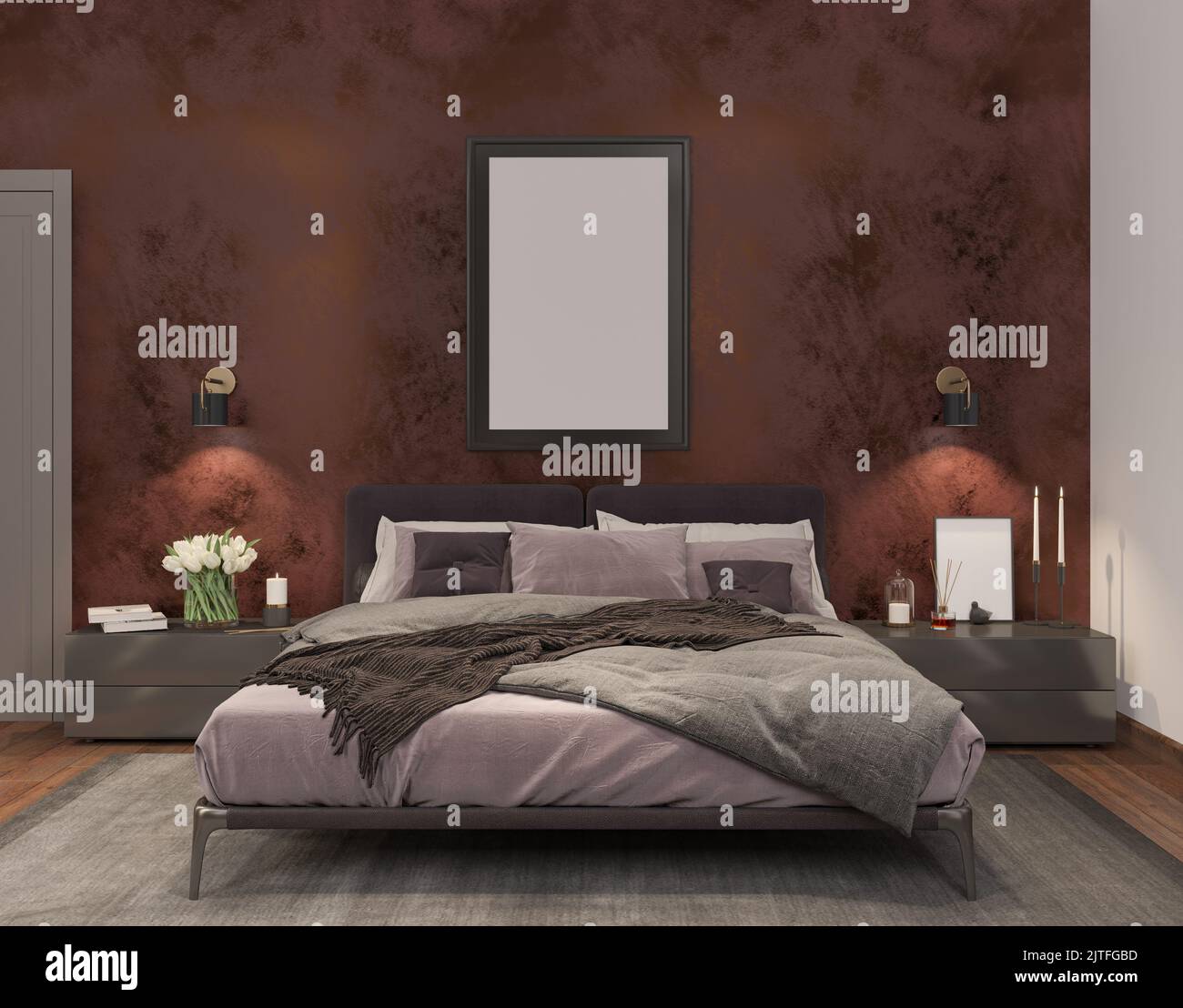 bedroom with brown and gold wall, poster, sconce, carpet, master bed, decor, bedside tables, wooden floor, modern, loft, 3D render Stock Photo