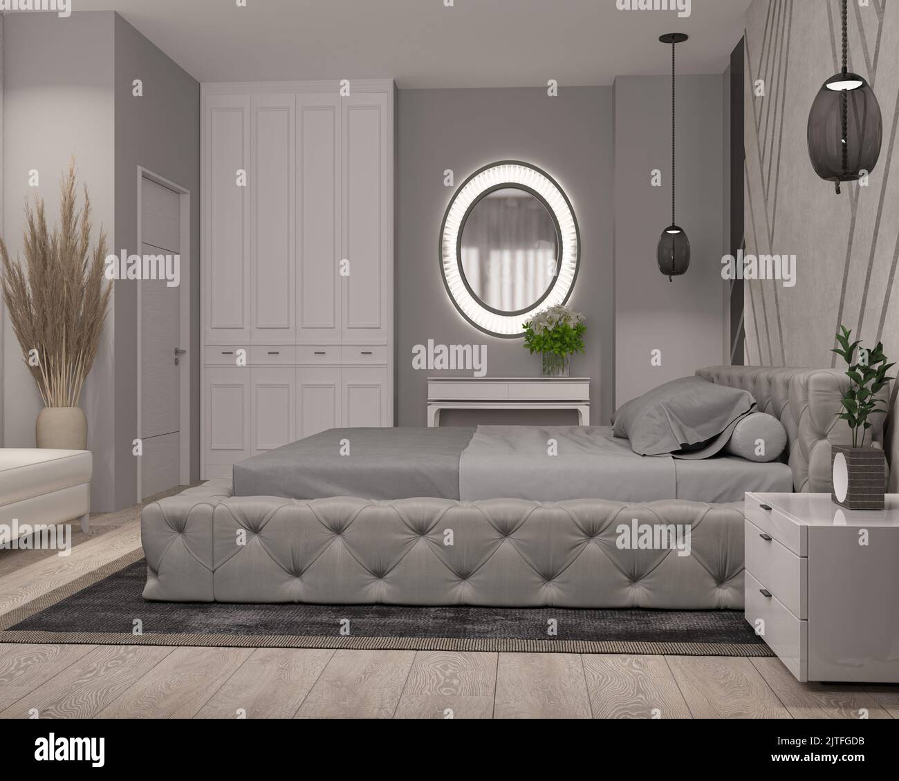 3d illustration. Modern bedroom in light gray tones, velor bed and ...