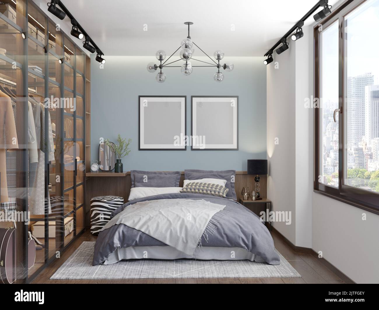 3d illustration. Stylish bedroom for girl with dressing room. Wardrobe