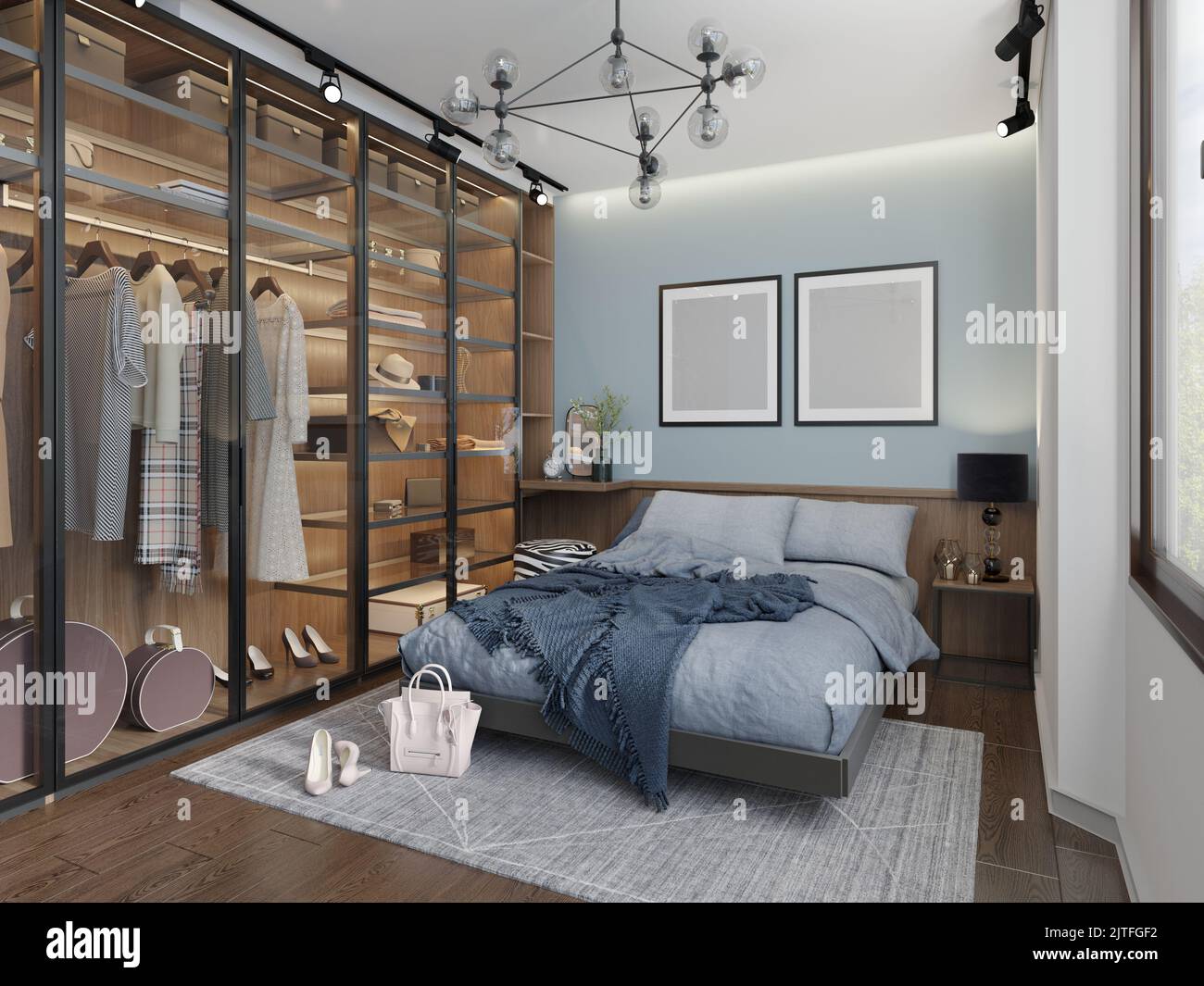 3d illustration. Stylish bedroom for girl with dressing room. Wardrobe