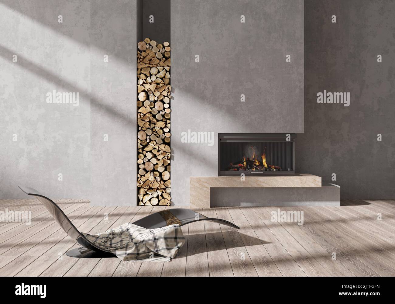 3d rendering. Interior of modern living room with gray walls, wooden ...