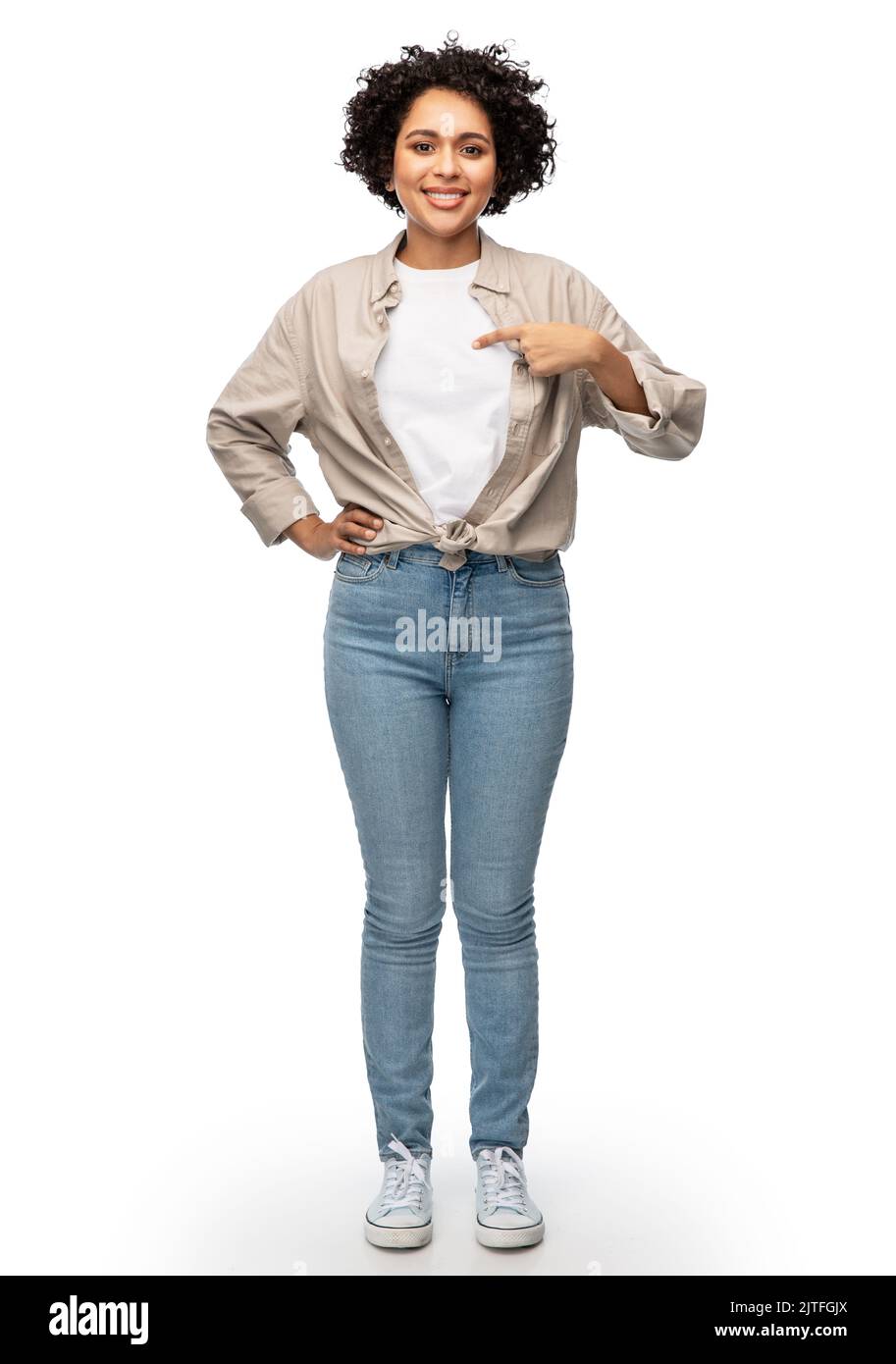 Happy african woman pointing blank hi-res stock photography and images ...