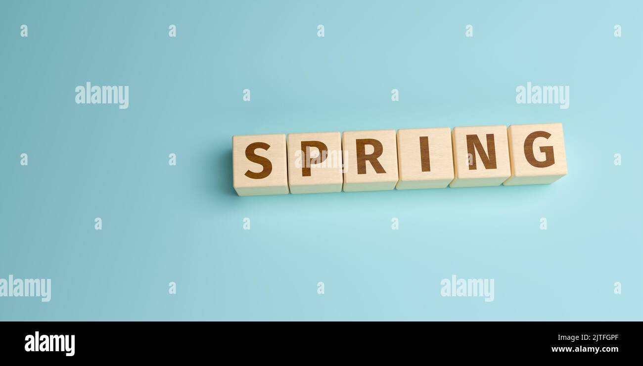 The word Spring built from letters on wooden cubes. High angle view with copy space Stock Photo
