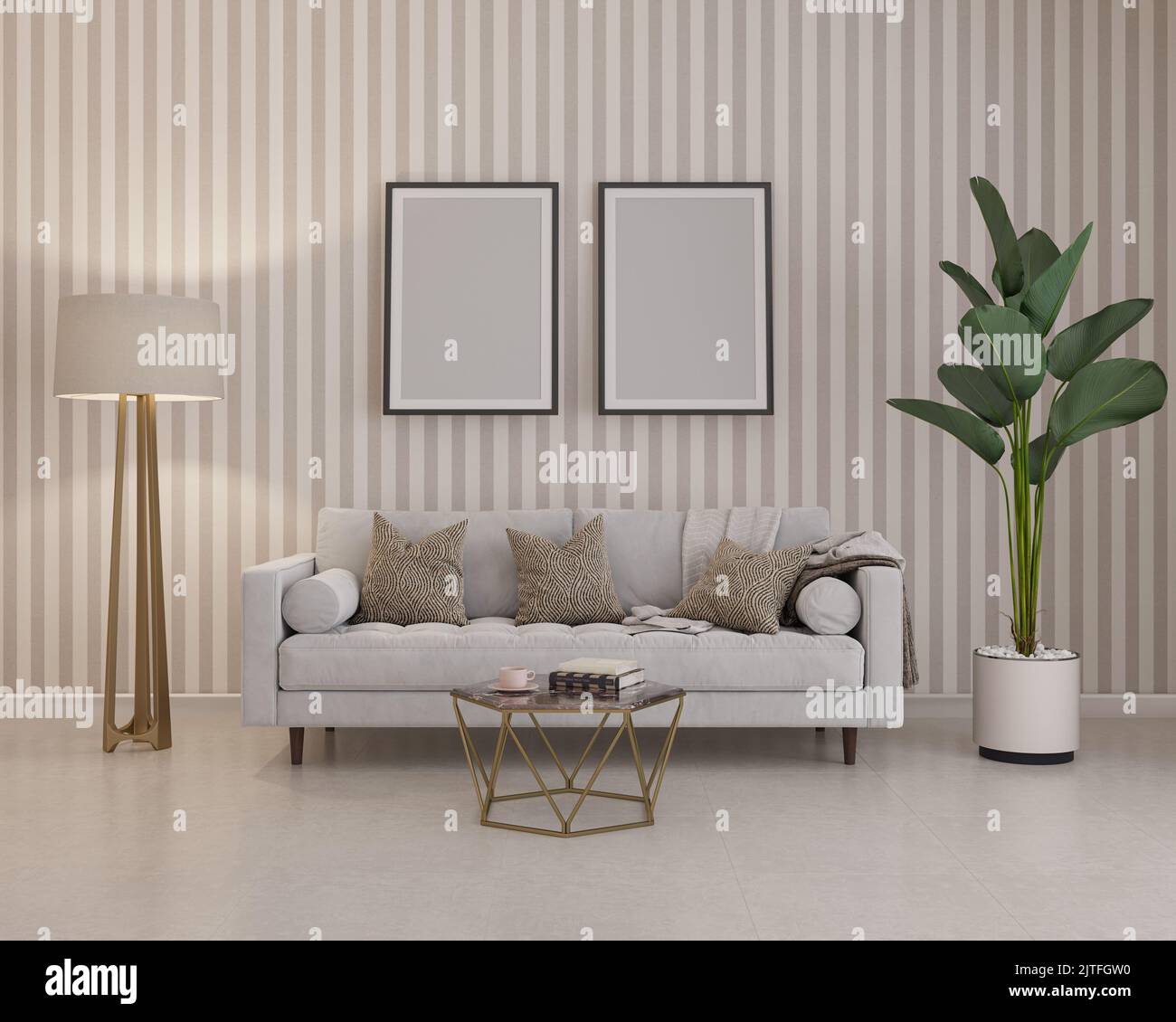 stylish room in light colors with sofa, floor lamp and flower. 3d render Stock Photo