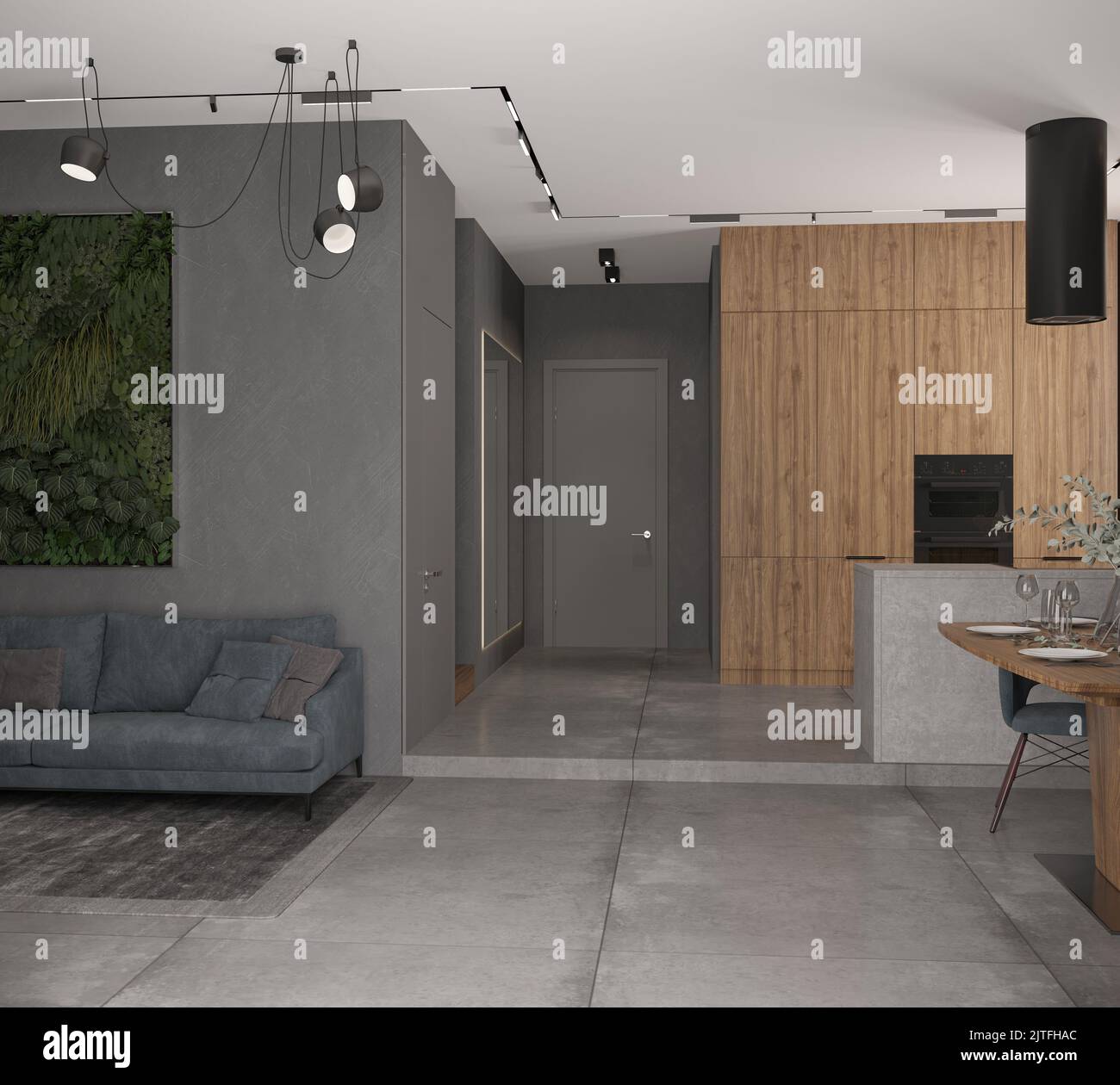 3d illustration. Modern interior of living room-kitchen of private ...