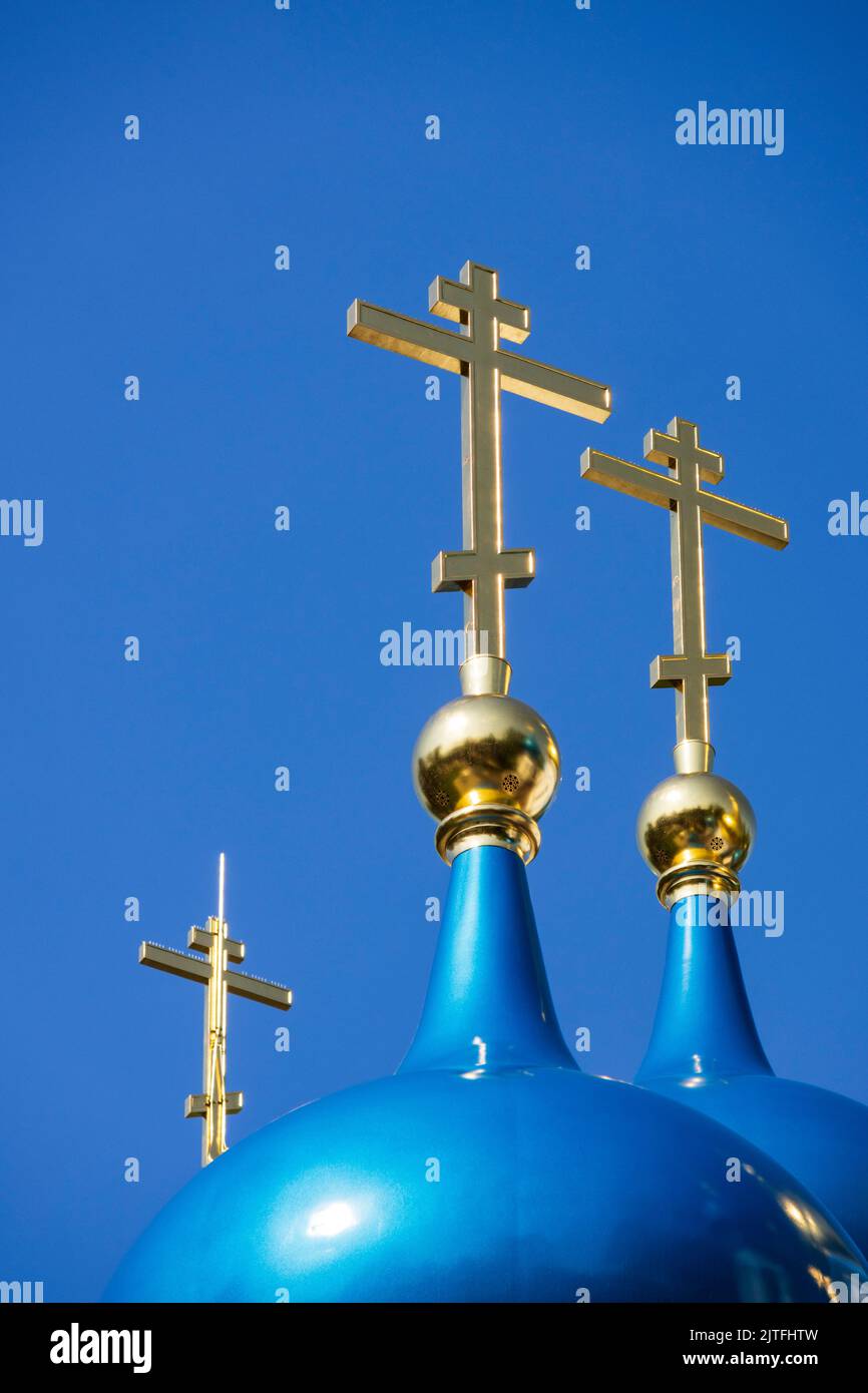 Blue onion domes, detail view, Church of Our Lady of Kazan, Russian Orthodox Church, Jurmala near Riga, Latvia, Baltics, Europe Stock Photo