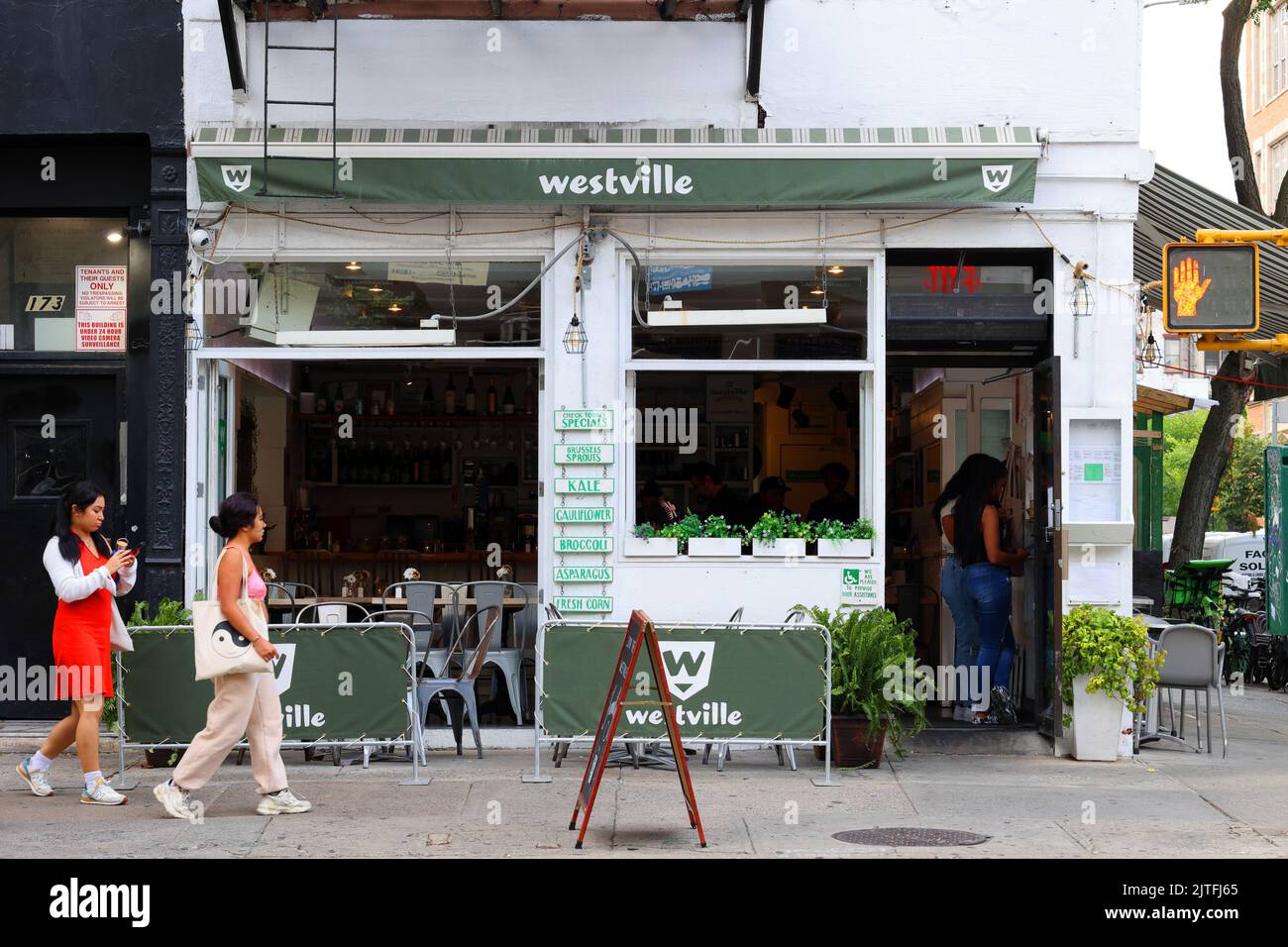 Westville, 173 Avenue A, New York, NYC storefront photo of a American comfort food restaurant in Manhattan's East Village neighborhood. Stock Photo