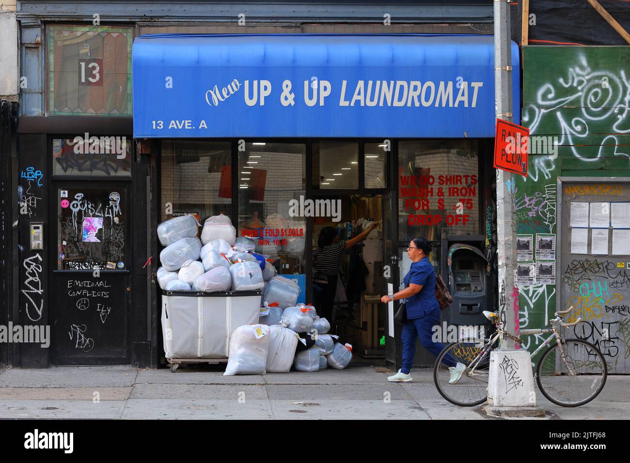 Up & Up Laundromat, 13 Avenue A, New York, NYC storefront photo of a laundromat in Manhattan's East Village neighborhood. Stock Photo