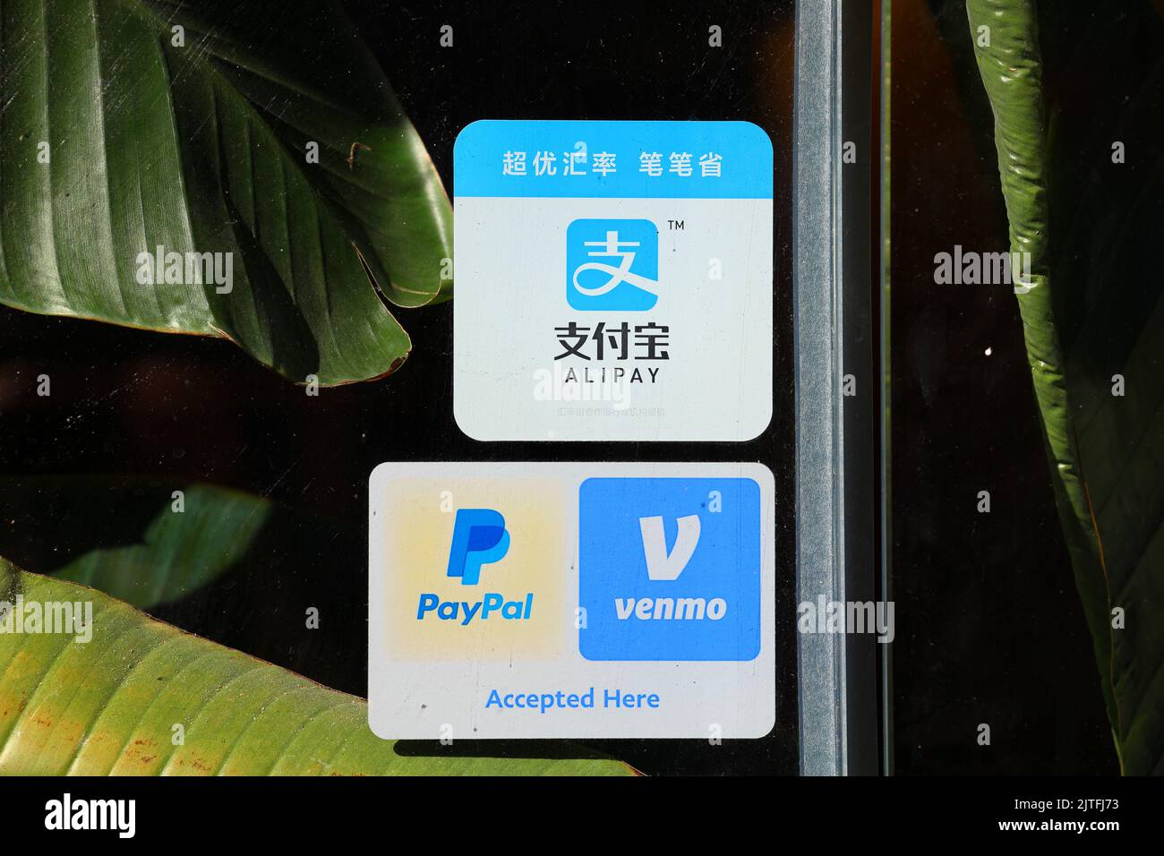 Alipay, Venmo, and PayPal mobile payment stickers on a door to a restaurant. They are digital wallet, money transfer financial services apps. Stock Photo