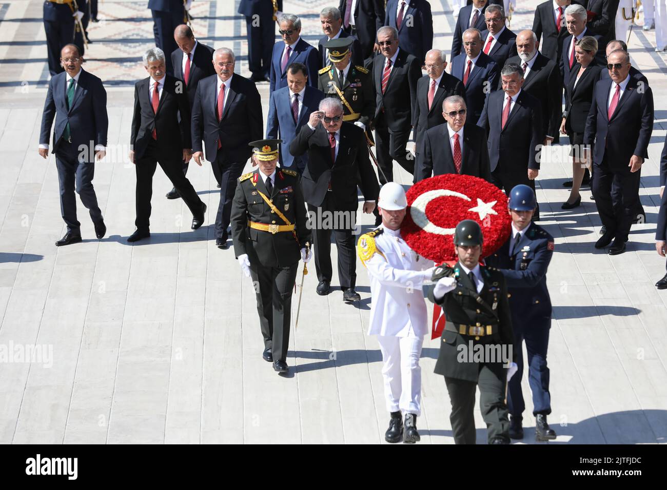 Ankara, Turkey, 30/08/2022, President of the Republic of Turkey, Recep Tayyip Erdo?an and the military and civilian delegation laid a wreath on Atatürk's grave. Victory Day is an official and national holiday celebrated in Turkey and the Turkish Republic of Northern Cyprus every year on 30 August to commemorate the Great Offensive, which ended in victory in Dumlup?nar under the command of Atatürk on August 30, 1922. On the anniversary of the victory, President of the Republic of Turkey Recep Tayyip Erdo?an and the public visited the mausoleum where Atatürk's grave is located. Stock Photo