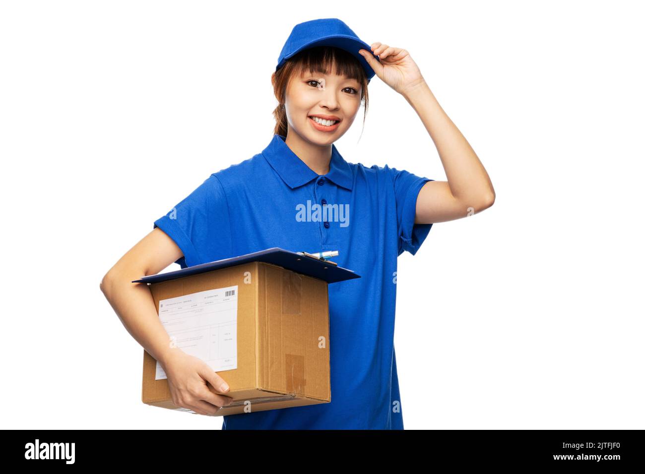 happy smiling delivery woman holding parcel box Stock Photo - Alamy