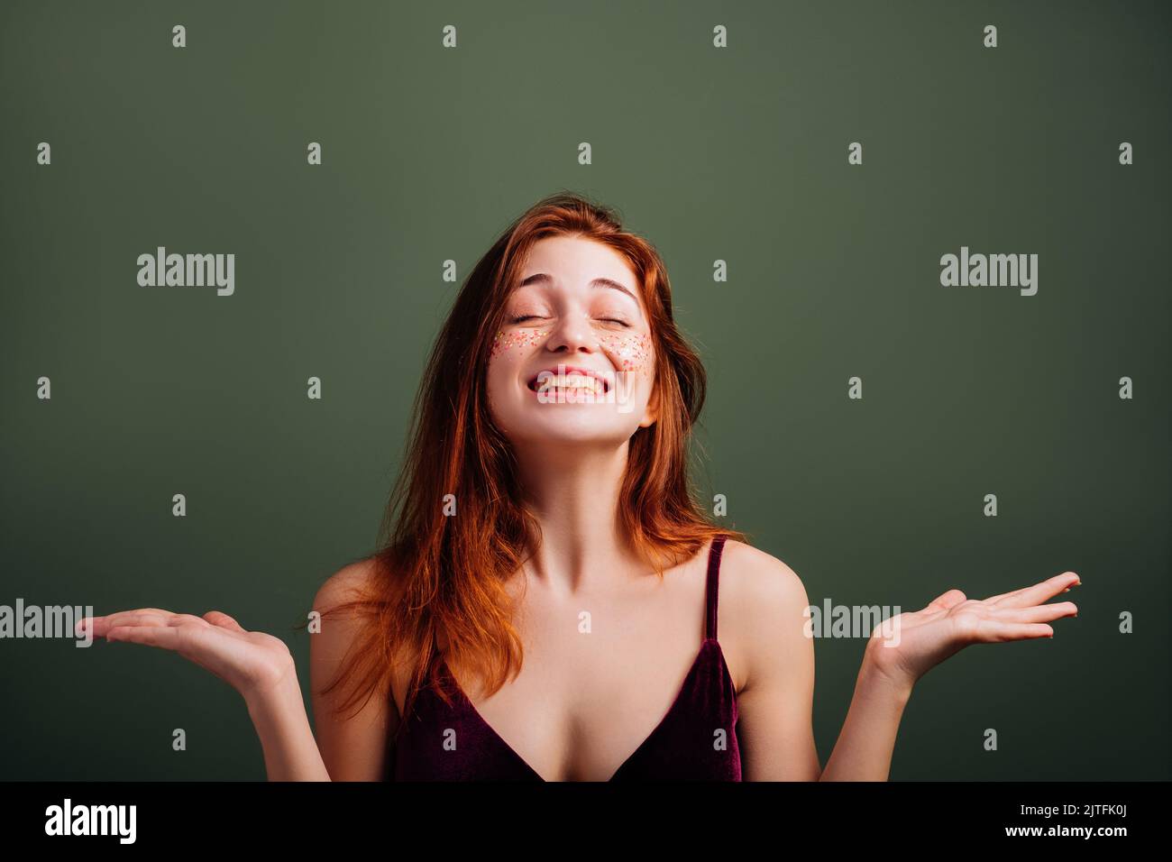 happy young woman smiling female open palms Stock Photo