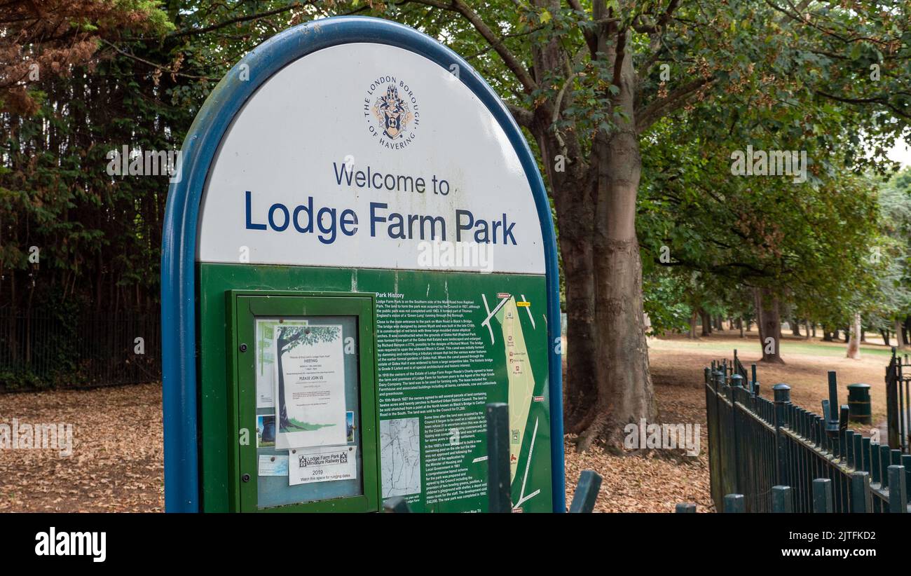 The sign for Lodge Farm Park in Romford, UK Stock Photo Alamy