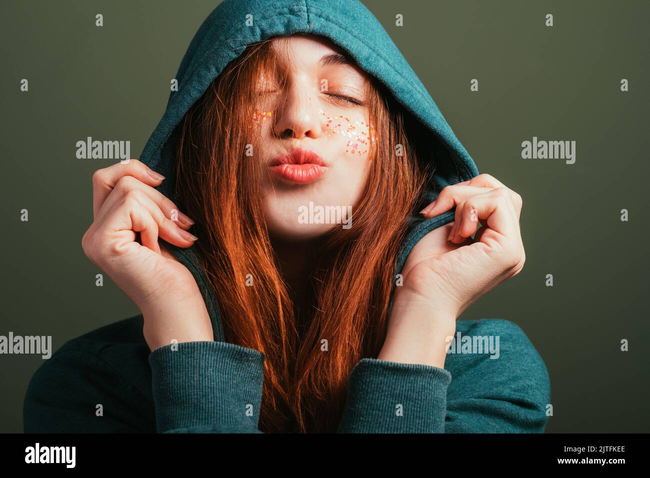 happy young woman love romance blowing kiss Stock Photo