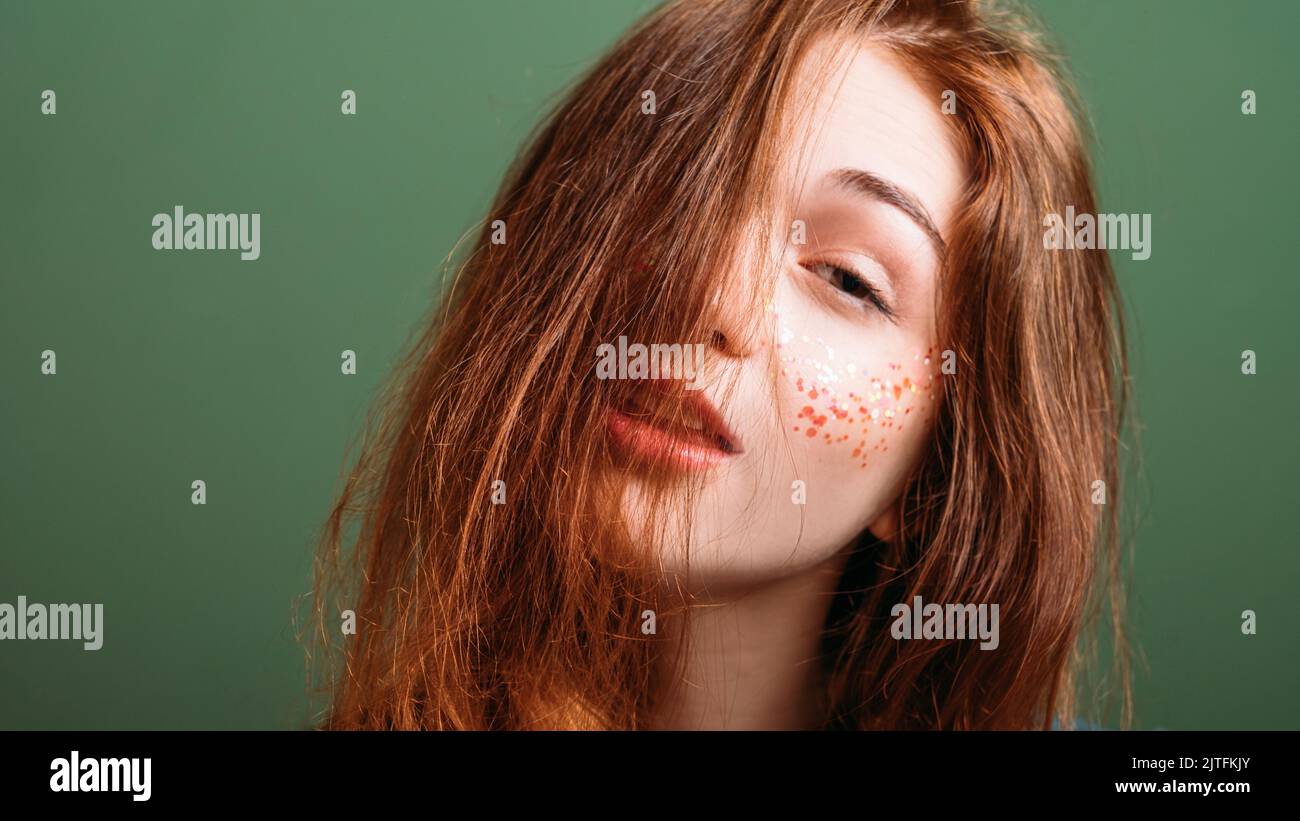 young redhead woman tired look boredom expression Stock Photo
