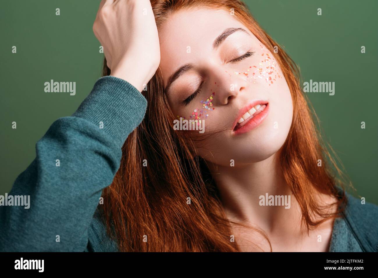 young female portrait party headache closed eyes Stock Photo
