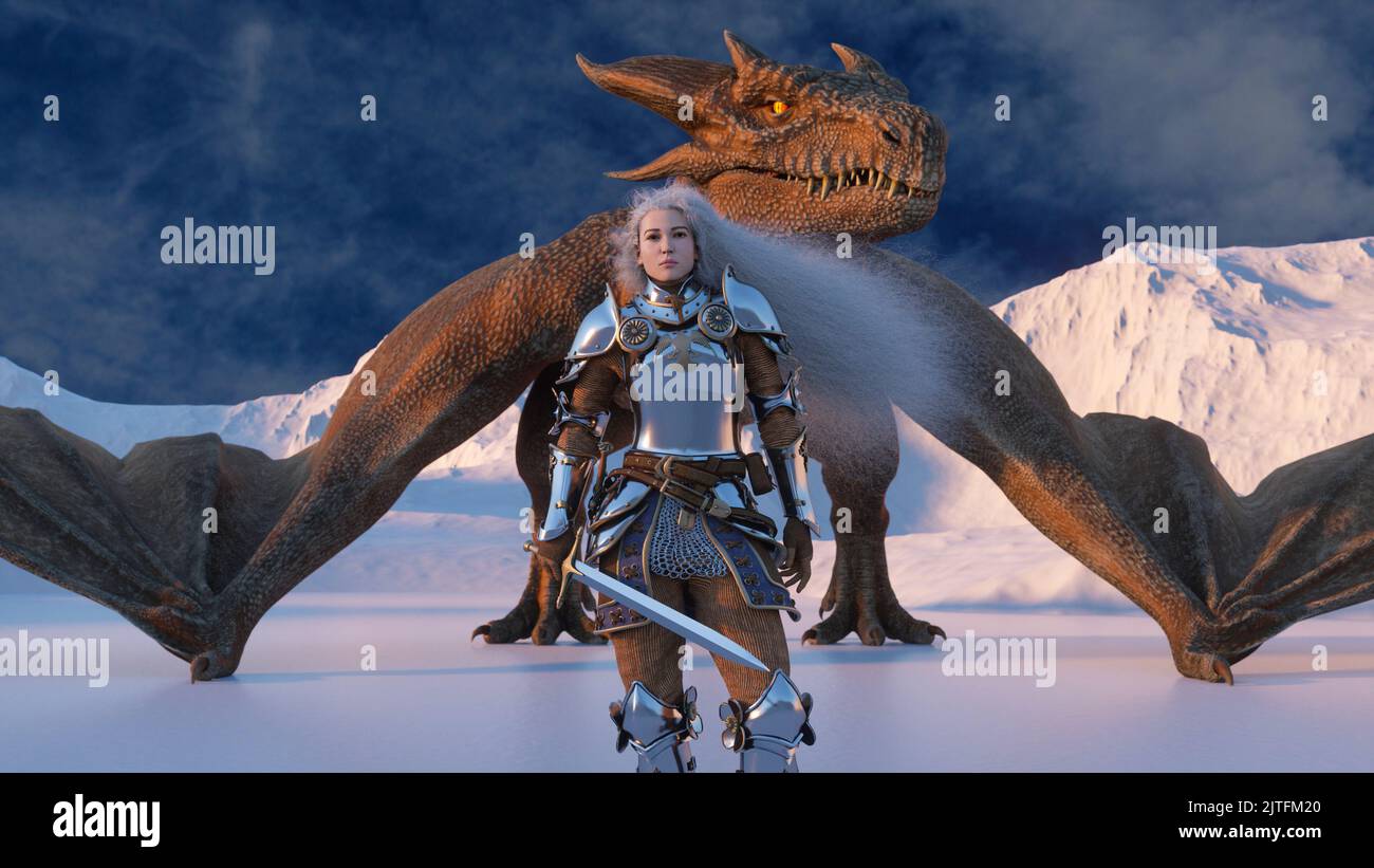 White haired female warrior knight stands with a drawn sword and a ...