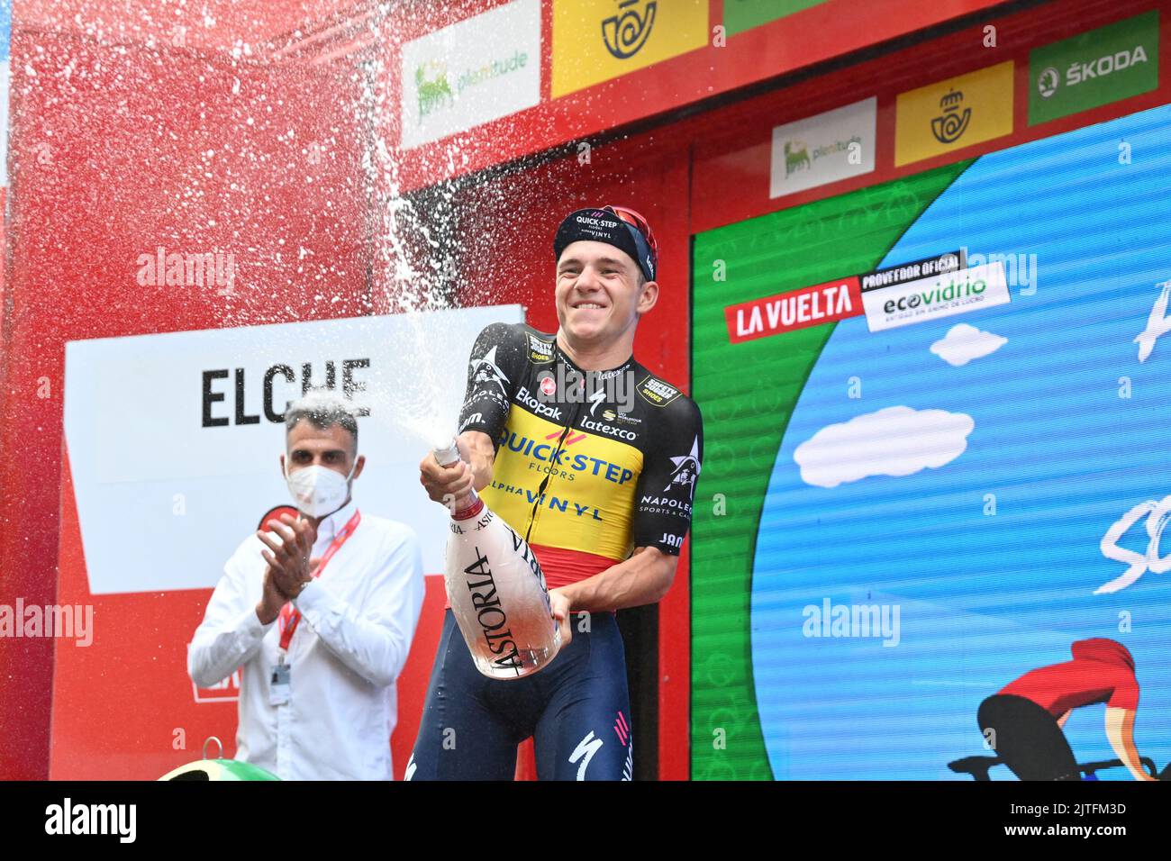 Belgian Remco Evenepoel of QuickStep Alpha Vinyl celebrates on the