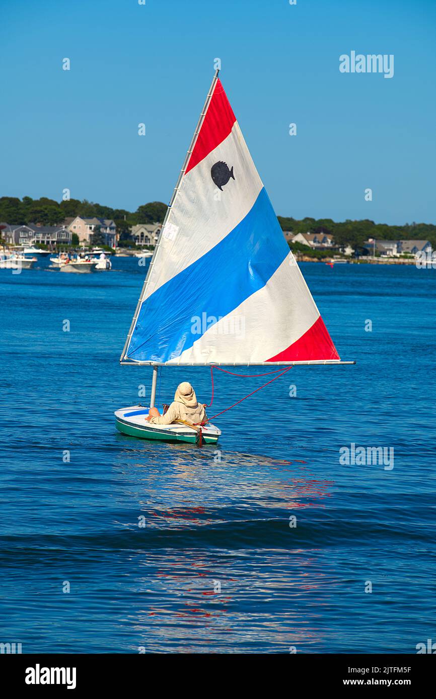 A leisure sale on the Bass River in Dennis, Massachusetts, on Cape Cod, USA Stock Photo