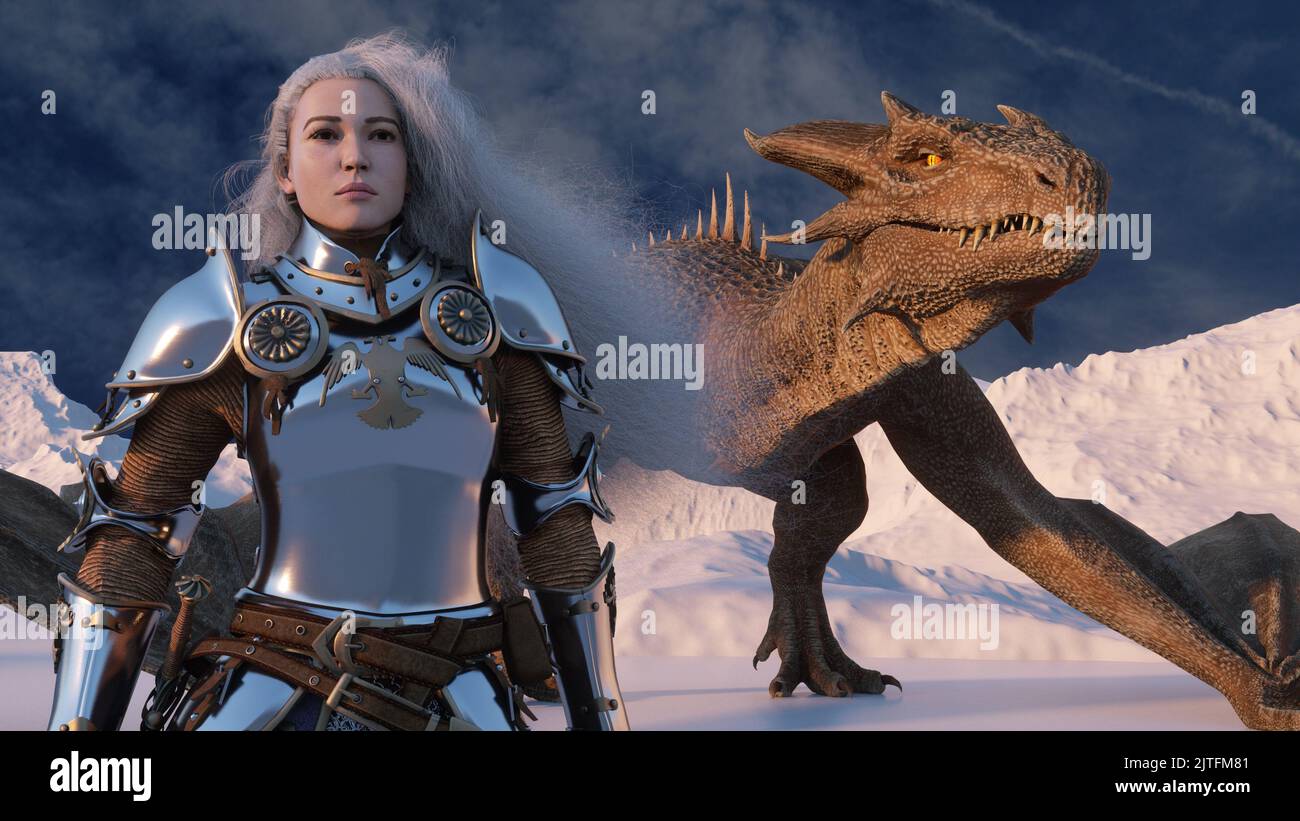 White haired female warrior knight stands with a drawn sword and a ...