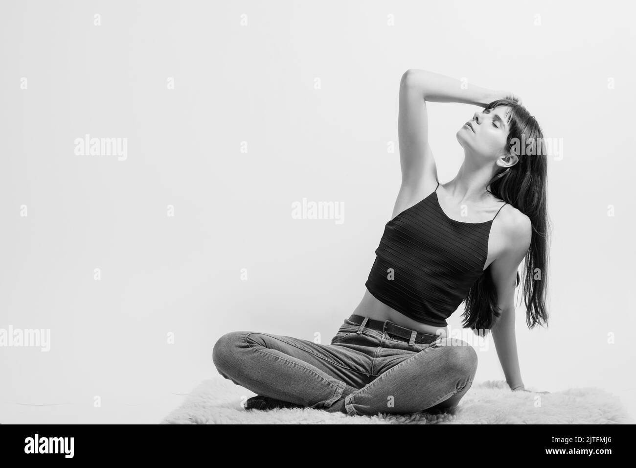 delighted calm young lady meditation Stock Photo