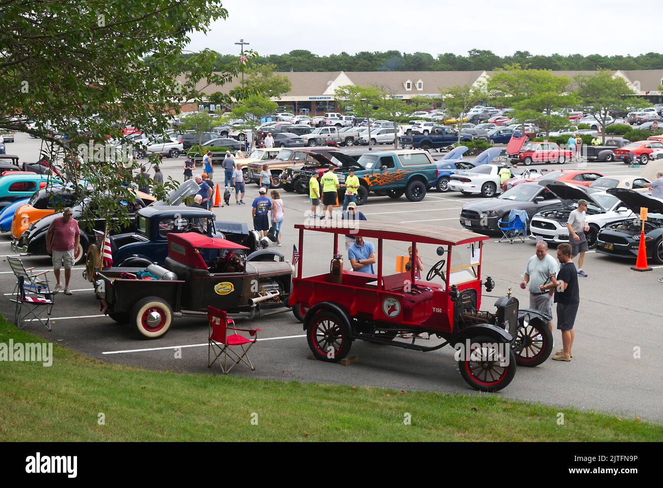 An overview of an outdoor auto show at Patriot Square, Dennis, Massachusetts, on Cape Cod, USA Stock Photo